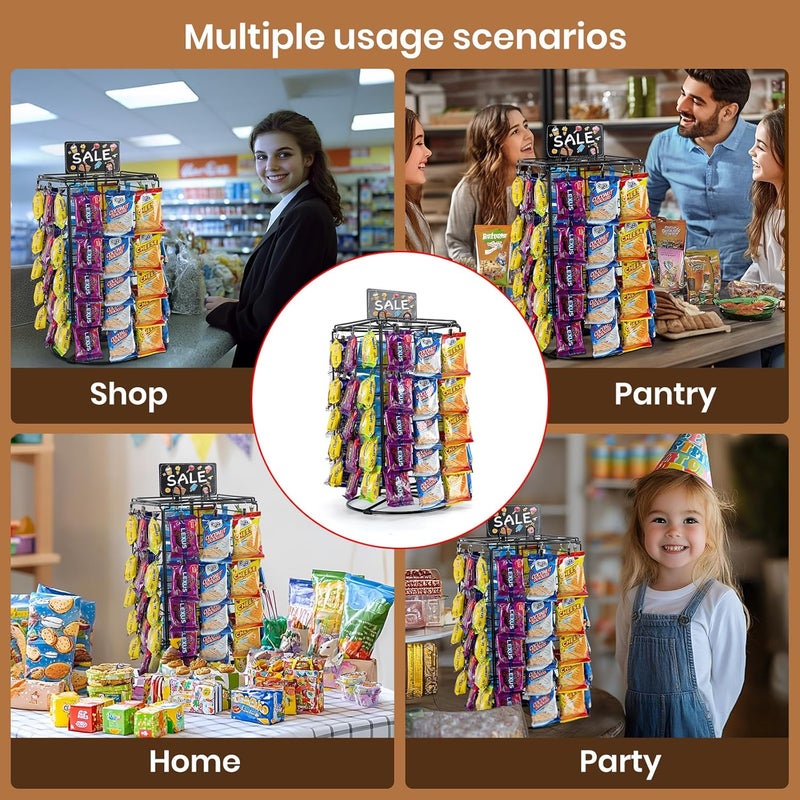 vefix Chip Rack Display Stand, 5 Tiers 60 Clips Snack Retail Display Rack, 360° Rotation Snack Bar Station for Concession Stand, Snack Organizer, Candy Display, Chip Holder for Party, Countertop - Image 5